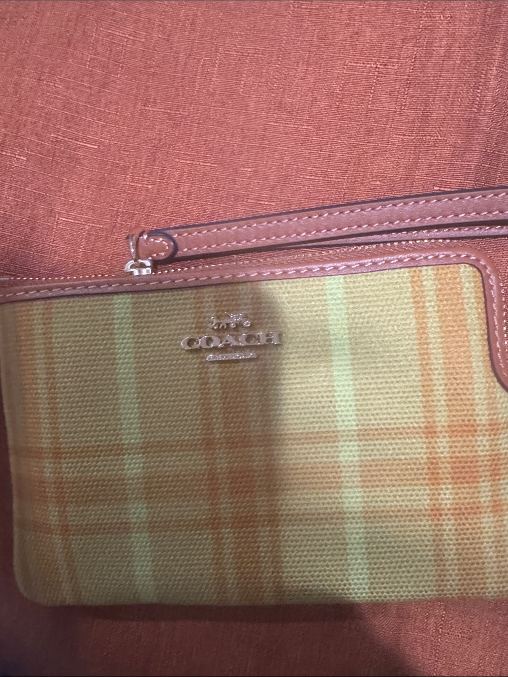 COACH  Plaid Canvas Wristlet with Brown Leather Trim